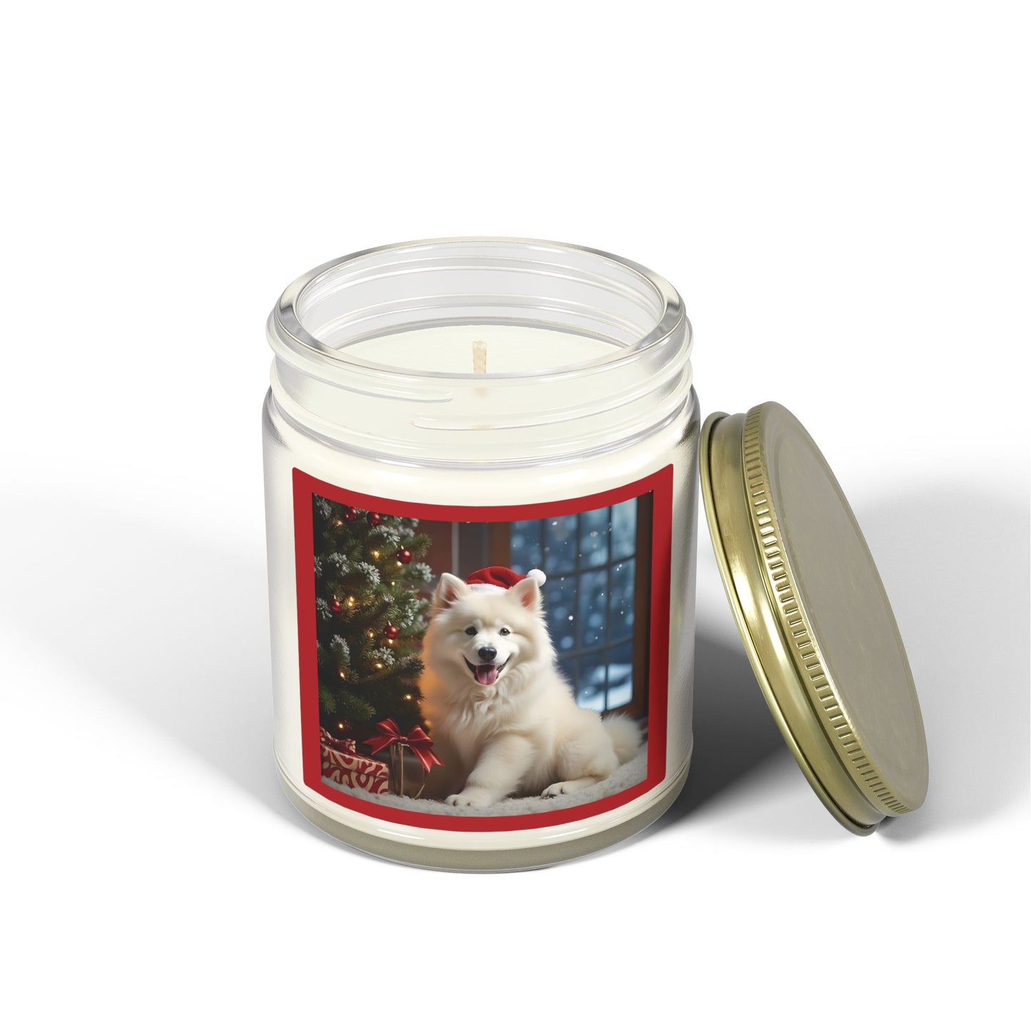 Holiday Samoyed Dog Photo Candle — Coconut Apricot Wax (Choice of Scents, 4oz & 9oz)