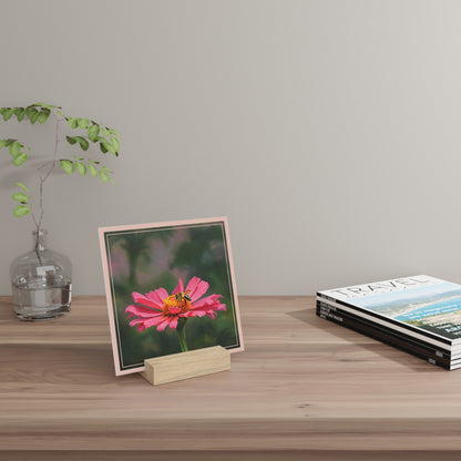 Nature Pretty Pink Flower and Bee Artist-Inspired Gallery Board with Wooden Stand — Mini Desk Art (Additional Sizes)