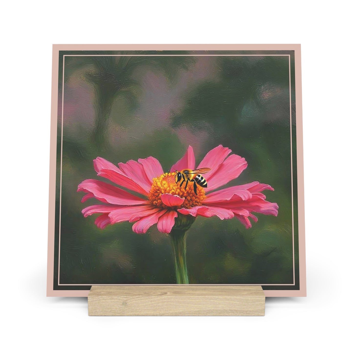 Nature Pretty Pink Flower and Bee Artist-Inspired Gallery Board with Wooden Stand — Mini Desk Art (Additional Sizes)