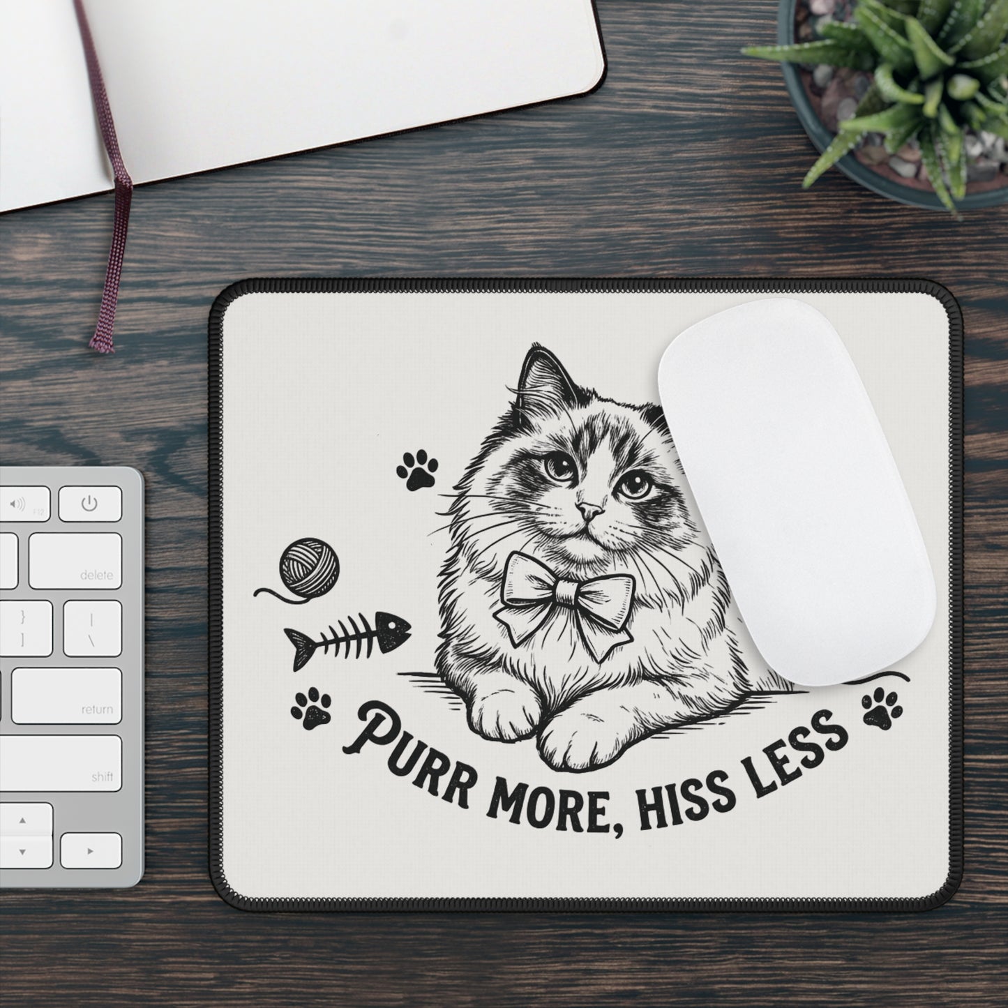 Cat Design Mouse Pad — “Purr More, Hiss Less” Cute Bow Tie Kitty Gaming/Desk Pad
