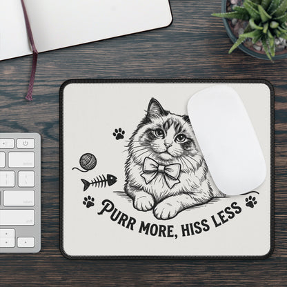 Cat Design Mouse Pad — “Purr More, Hiss Less” Cute Bow Tie Kitty Gaming/Desk Pad