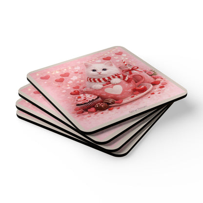 Valentine's Pussycat Design Cork Coaster Set — Romantic Drink Coasters (4 Piece)