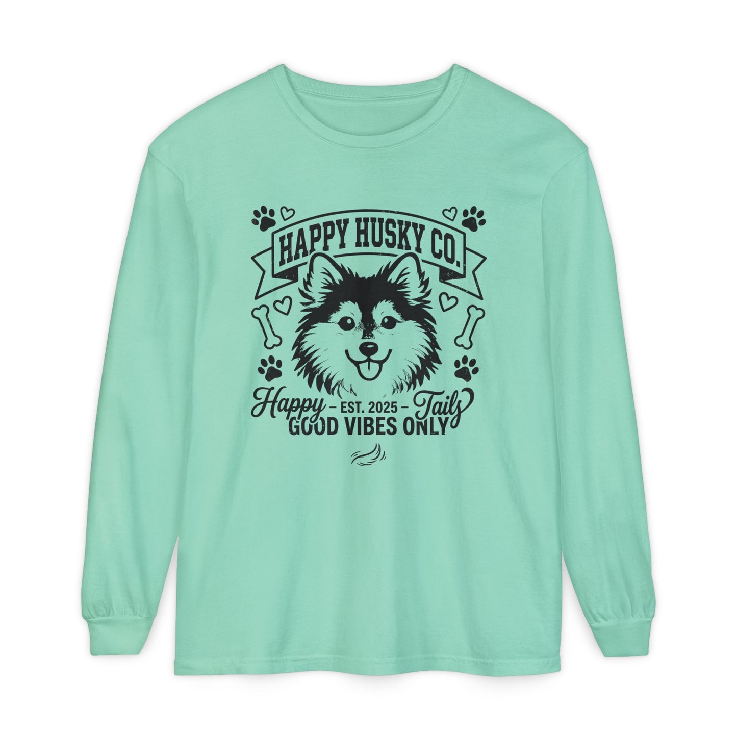 Happy Husky Co. Unisex Long Sleeve Tee — 'Happy Tails, Good Vibes Only' Dog Lover Shirt (Additional Colors)