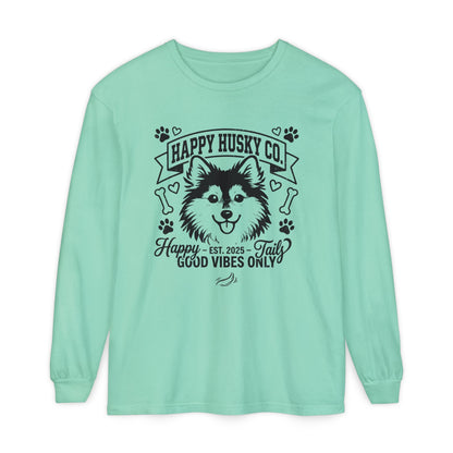Happy Husky Co. Unisex Long Sleeve Tee — 'Happy Tails, Good Vibes Only' Dog Lover Shirt (Additional Colors)