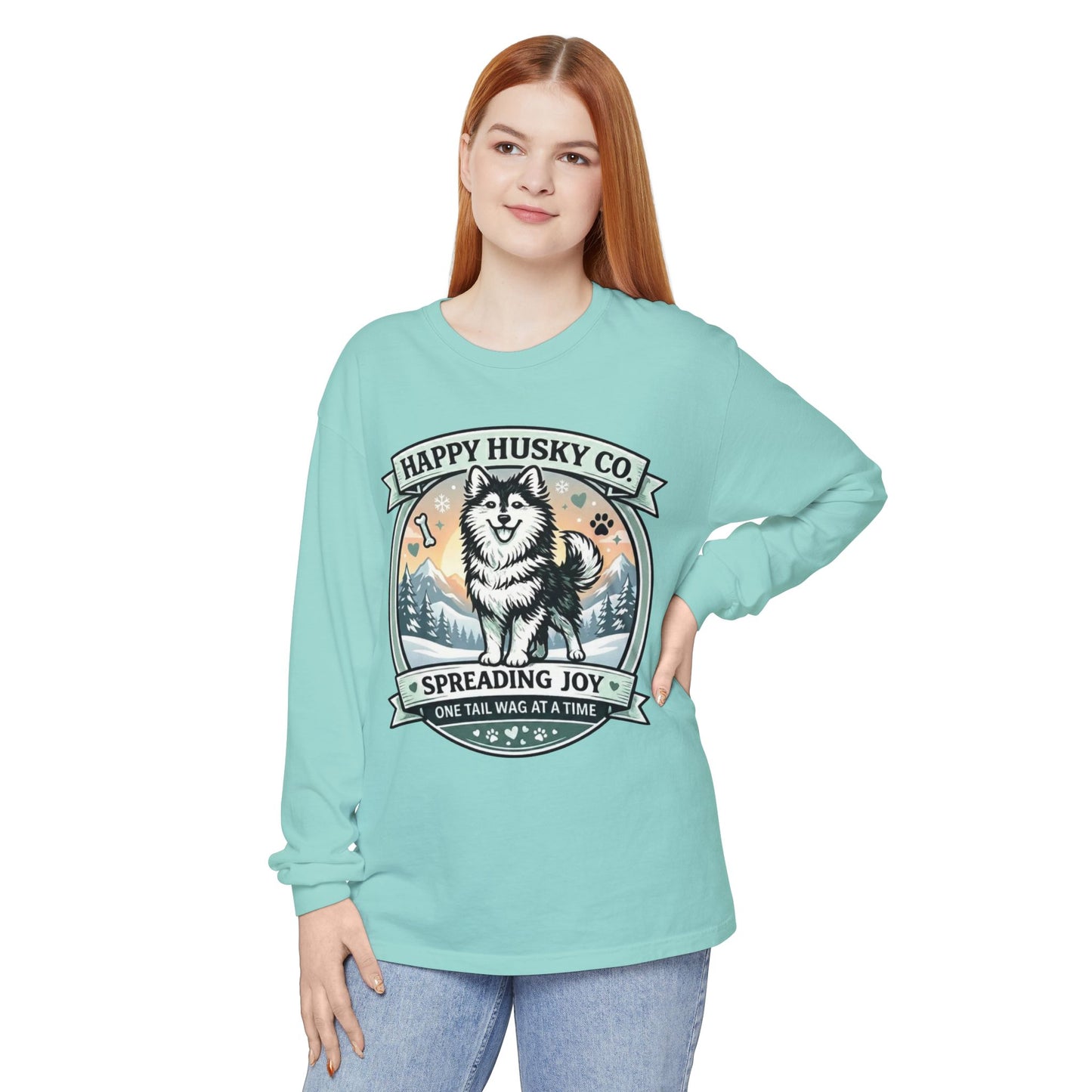 Unisex Colorful Happy Husky Co. Long Sleeve T-Shirt — 'Spreading Joy One Tail Wag At A Time' Graphic (Additional Colors)