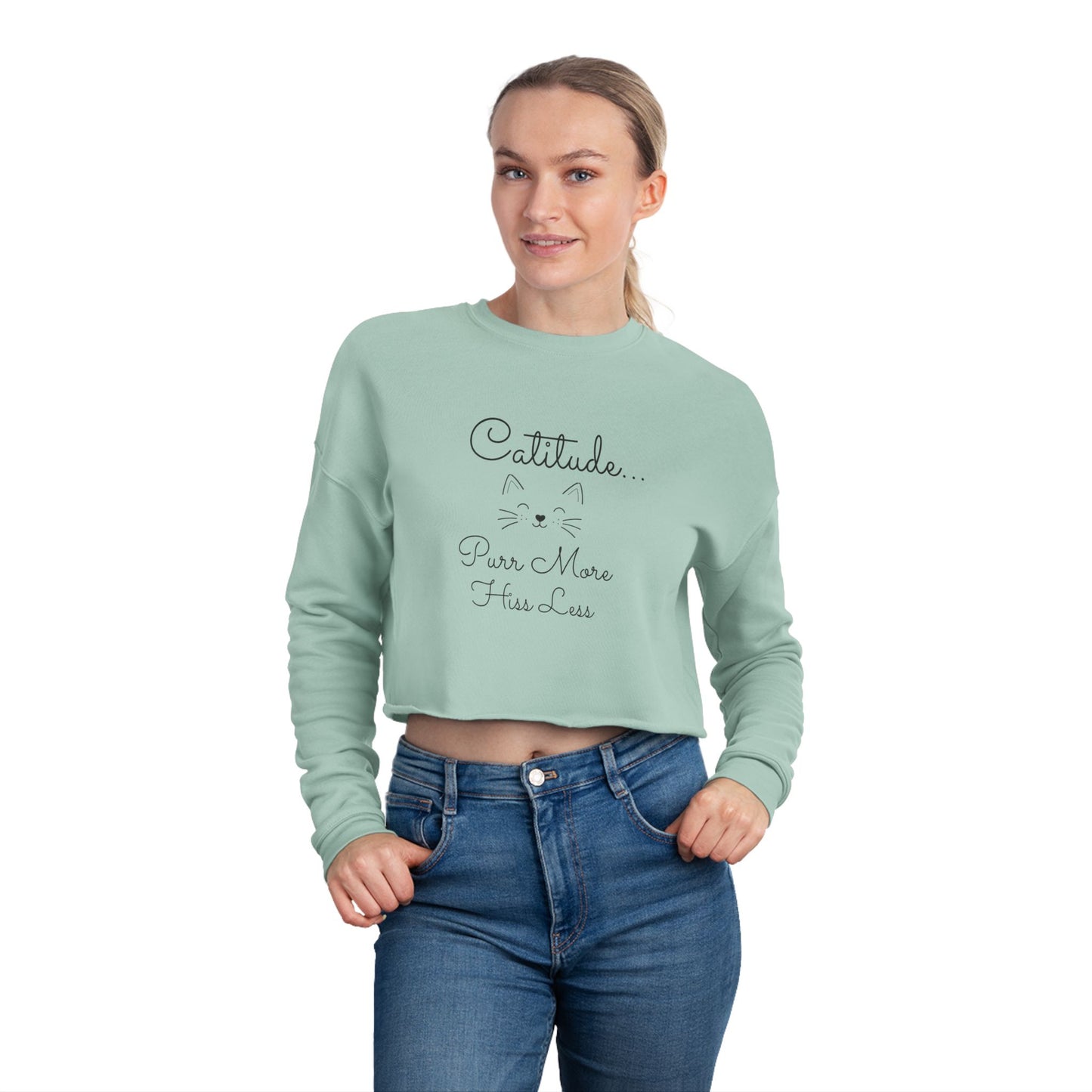 Women's 'Catitude' Cropped Double-Sided Sweatshirt – Cat Silhouette & 'Purr More Hiss Less' (Additional Colors)