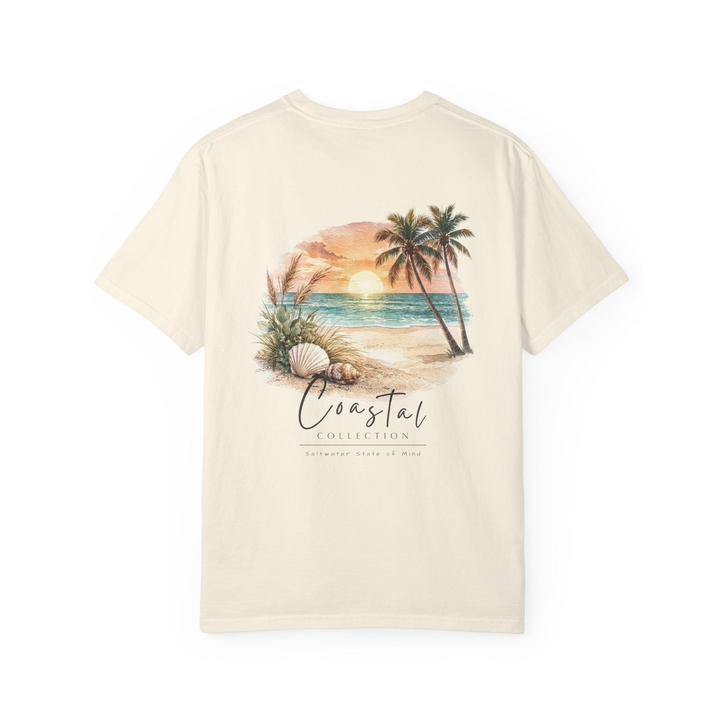 Unisex Adult Sunset Beach Scene Back Design T-Shirt — Tropical Palm Tree 'Saltwater State of Mind' Graphic w/ Logo Front (Additional Color)