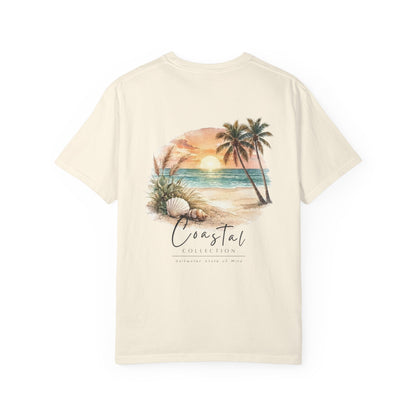 Unisex Adult Sunset Beach Scene Back Design T-Shirt — Tropical Palm Tree 'Saltwater State of Mind' Graphic w/ Logo Front (Additional Color)