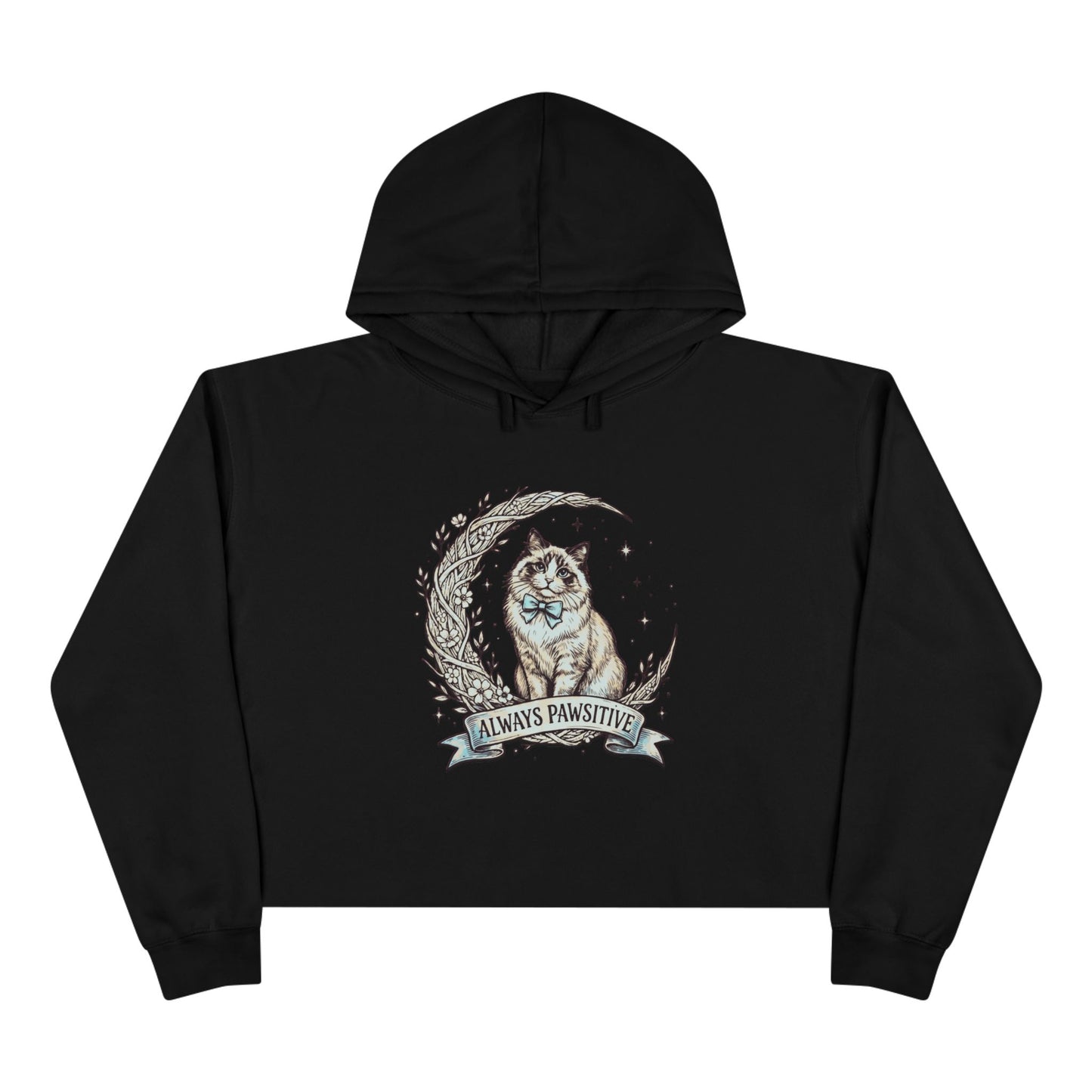 Cute Cat & Moon Crop Hoodie — “Always Pawsitive” Cozy Graphic Pullover (Additional Colors)