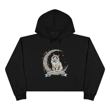 Cute Cat & Moon Crop Hoodie — “Always Pawsitive” Cozy Graphic Pullover (Additional Colors)