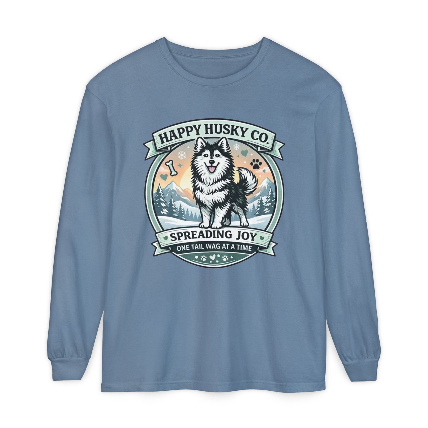 Unisex Colorful Happy Husky Co. Long Sleeve T-Shirt — 'Spreading Joy One Tail Wag At A Time' Graphic (Additional Colors)
