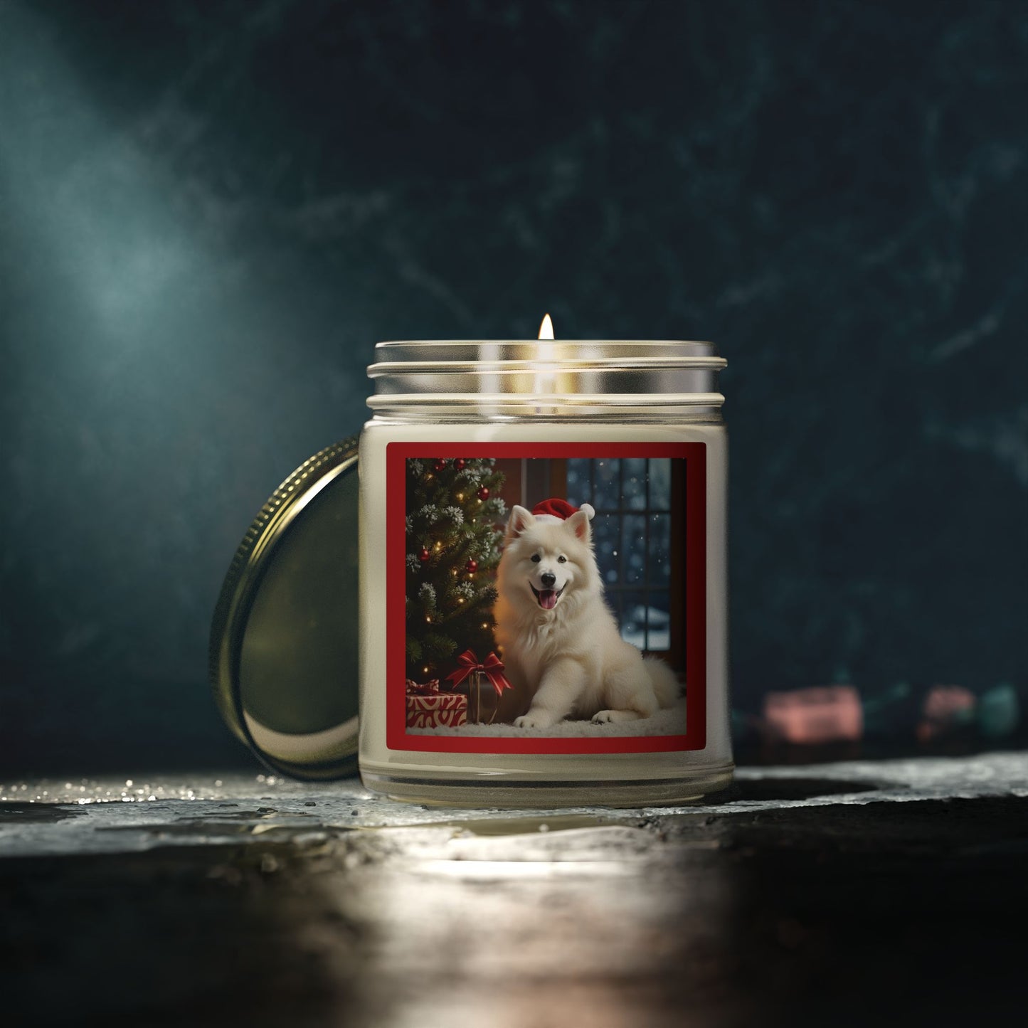 Holiday Samoyed Dog Photo Candle — Coconut Apricot Wax (Choice of Scents, 4oz & 9oz)