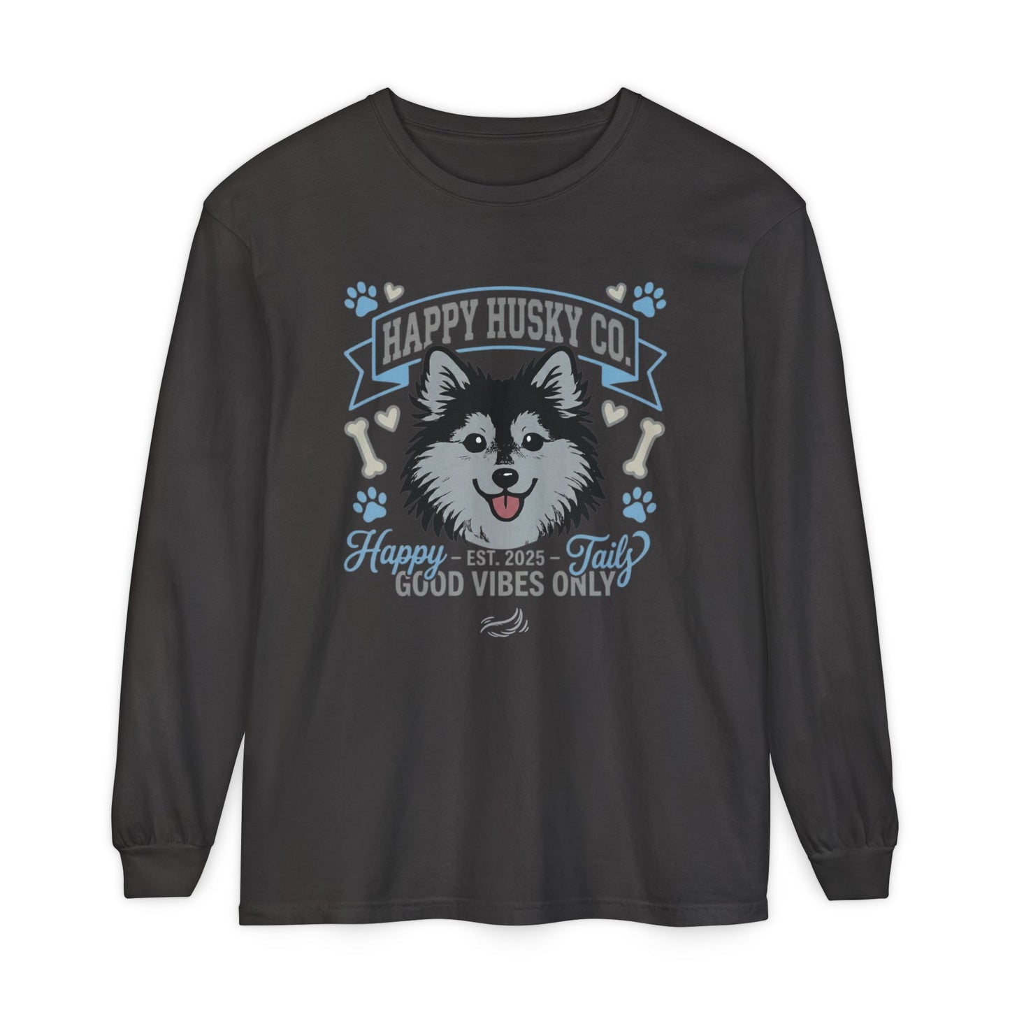 Happy Husky Co. Unisex Long Sleeve Tee — 'Happy Tails, Good Vibes Only' Dog Lover Shirt (Additional Colors)